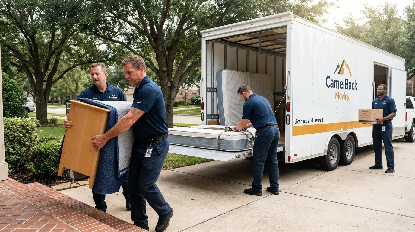 Crew loading residential truck for cross-state move from Goldthwaite, TX