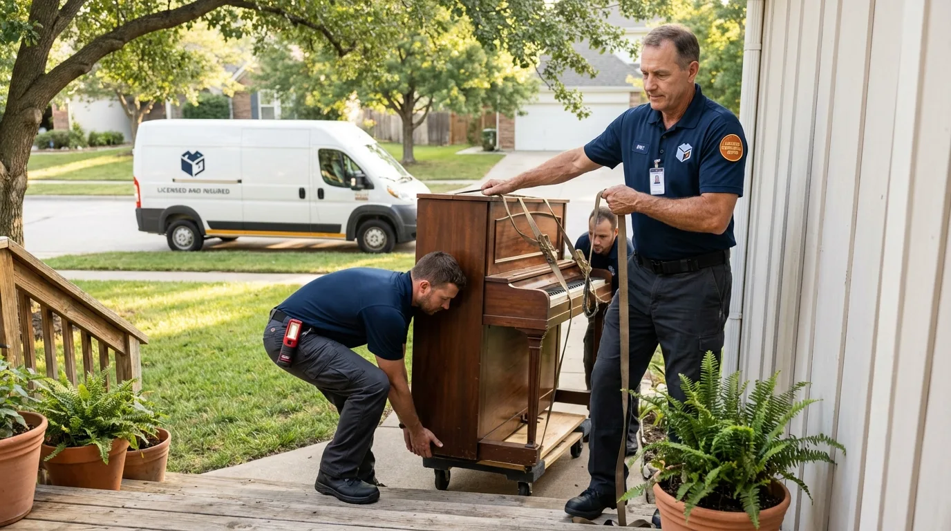 Licensed piano movers securing grand piano in Goldthwaite, TX
