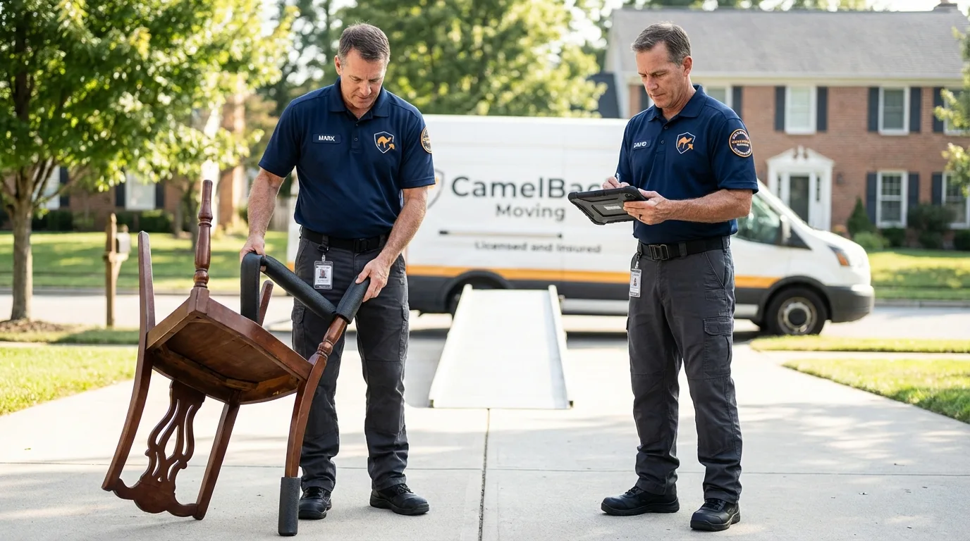 Movers inspecting furniture for damage prevention before loading in Goldthwaite, TX